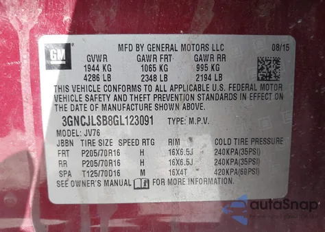 2016 Chevrolet Trax Lt from USA, damaged, VIN 3GNCJLSB8GL123091